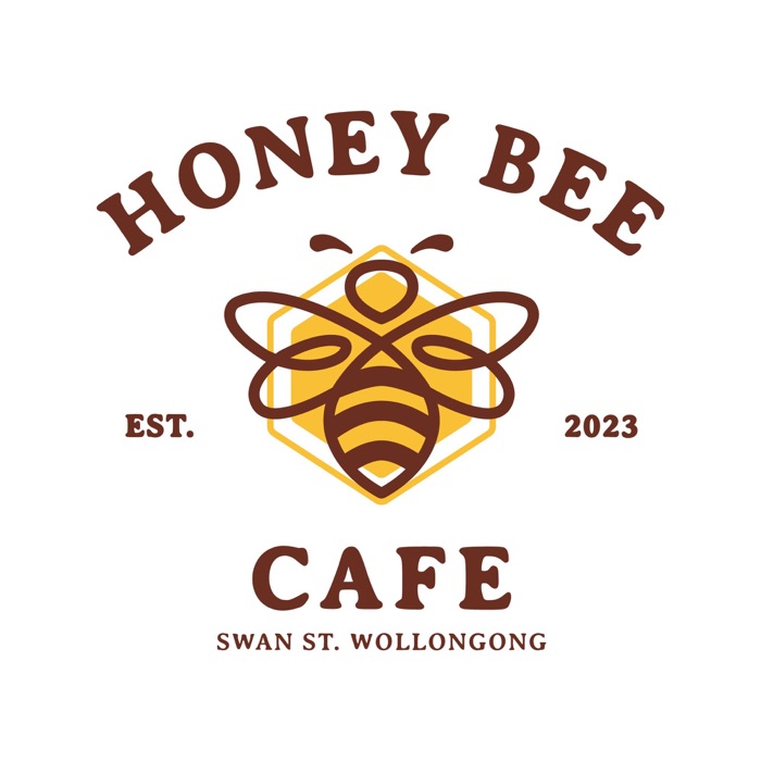 The Honey Bee Cafe logo: a bee in a hexagon, est. 2023, Swan St. Wollongong
